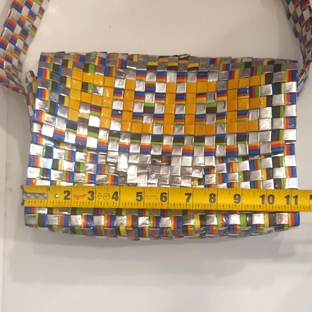 Colorful Woven Shoulder Bag Flap Closure Bright Shiny Handbag Artistic Patchwork